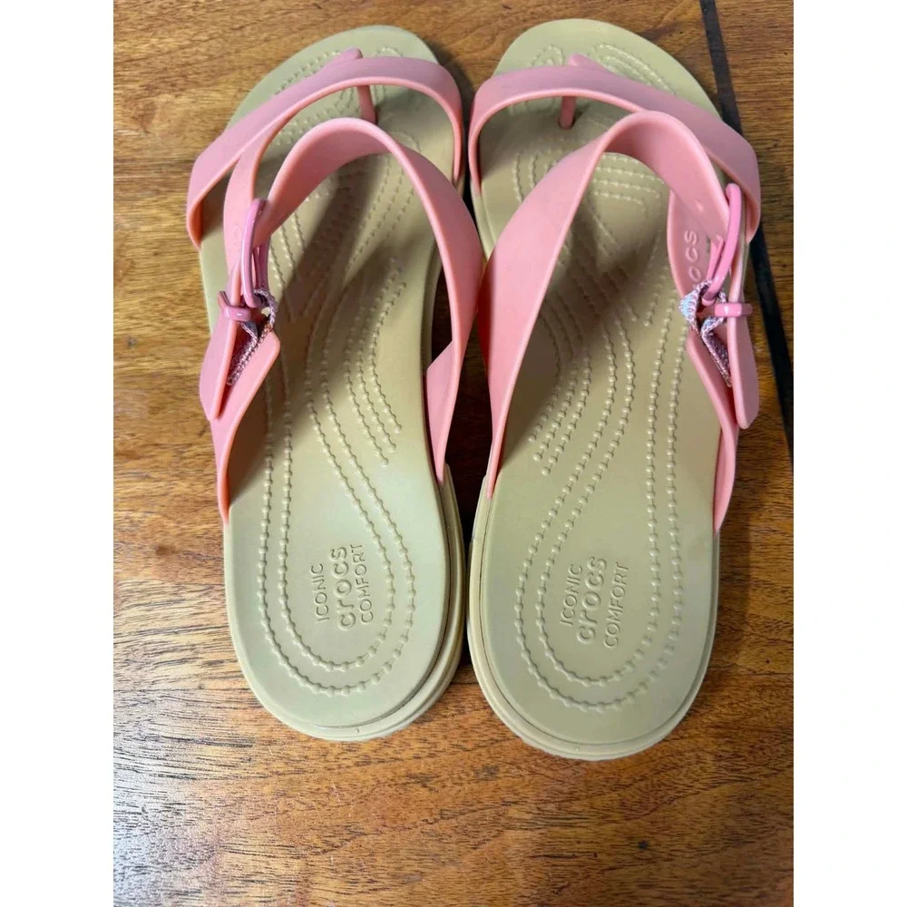 Crocs Tulum Sandal Pink Tan Ankle Strap Buckle Thong Flat Shoes Womens 9